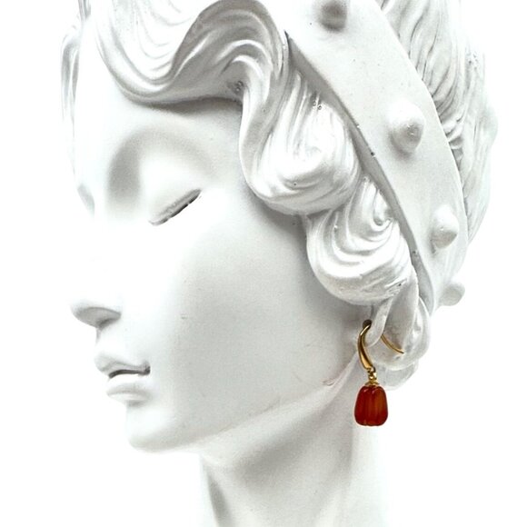 Red Orange Agate Gemstone Pumpkin Drop 18K Gold Plated Pierced Earrings Fall - Picture 6 of 6